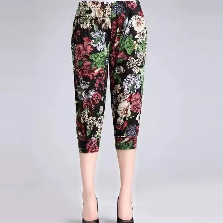 WTEMPO Mother's Loose Cropped Pants Mid-length Elastic High Waist Thin Printed Women's Spring Summer Ice Silk Wide Leg Pants