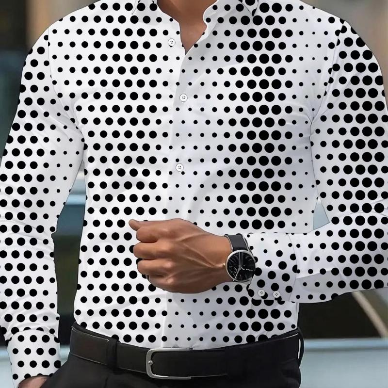 Men's Polka Dot Print Long Sleeve Shirt Fashion Slim Fit Button Down Casual Blouse Tops