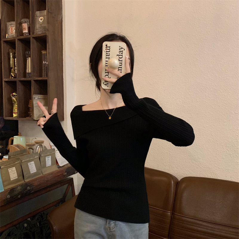 

Women s Off-the-Shoulder Knitted Long-Sleeve Top - Irregular, High-Waisted, for Spring, Autumn, Winter L