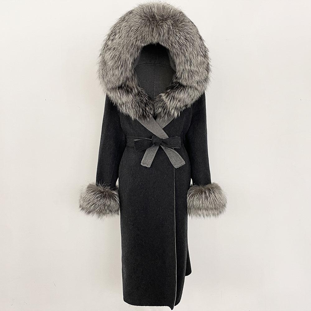 OFTBUY Winter Women Coat Real Natural Fox Fur Hooded Detachable Collar Double-faced Woolen Jacket Long Casual Elegant Overwears