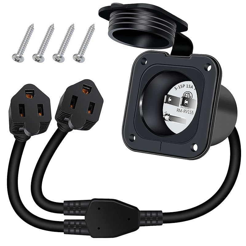 15 Amp Inlet, 125V Shore Power Inlet Power Inlet Port Plug NEMA 5-15P Male Receptacle RV Flanged Inlet With Waterproof Covers 2 Pole 3-Wire ETL