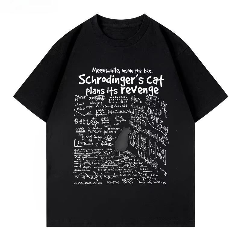 2025 Herbst Winter Neu Trendiges Schrödingers Katze Lustiger Print T-Shirt Baumwolle Locker Kurzärmelig Damen und Herren Modisches Oberteil