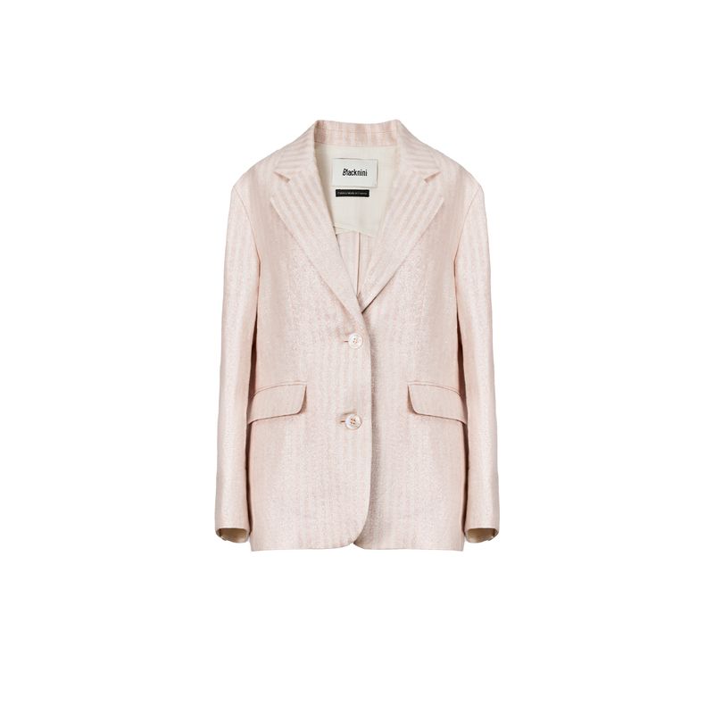 Blacknin "Heroine" Linen Gold and Silver Silk Thin and Glittering Closure Collar Stripes Pink Suit Outwear Vest Cropped Pants