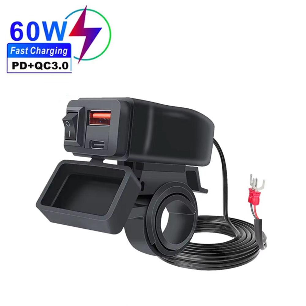 PD QC3.0 Motorcycle USB Fast Charger 60W Handlebar Dual USB Socket with Switch Voltmeter Waterproof 12V Power Supply Adapter