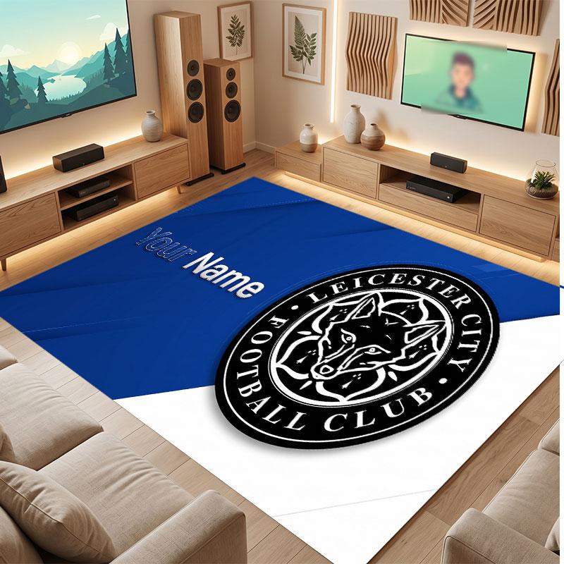 Leicester City Custom Crystal Velvet Rug, Personalized Name Text Print, Football Logo Soft Non‑Slip Floor Mat Home Decor Gift