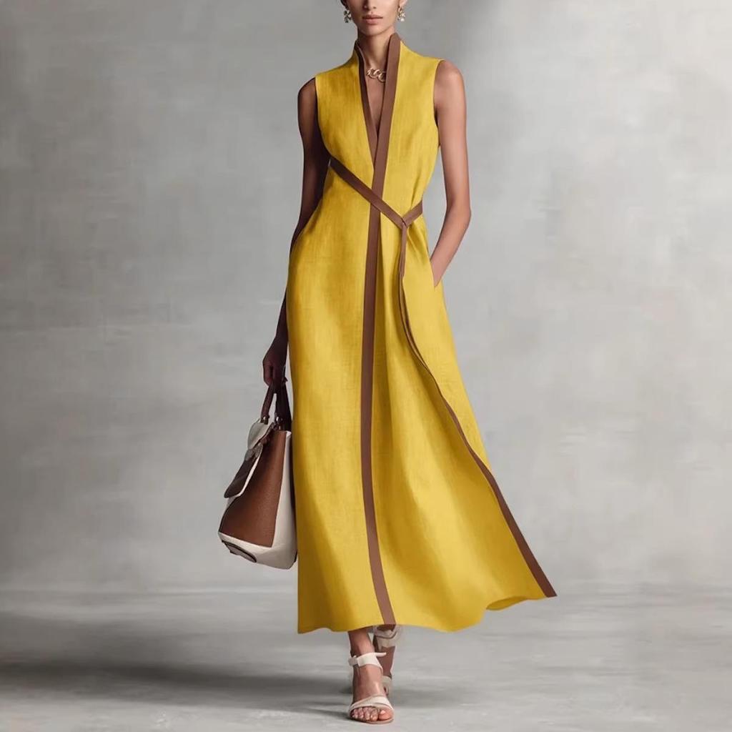 2026 Women's Color Block Sleeveless Stand Collar Cotton Linen Dress