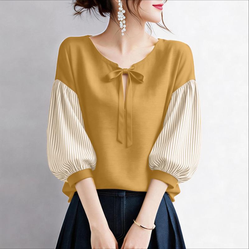 ZANZEA Women Casual Round Neck Stripe Splice Half Sleeve Loose Blouse