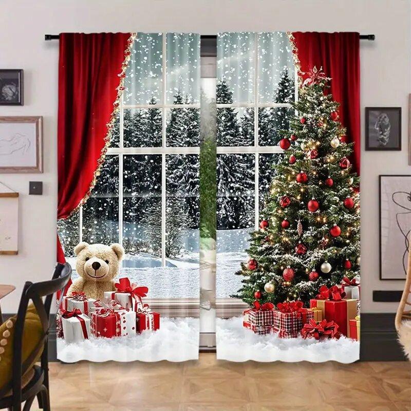 2 pieces - Christmas curtains   Christmas snow scene and tree polyester printed curtains   home decoration   room decoration