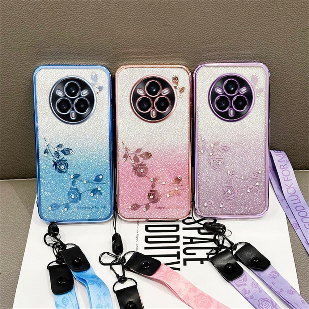 KADEM For Realme 14 Pro 5G Case Flower Pattern TPU Gradient Phone Cover with Lanyards