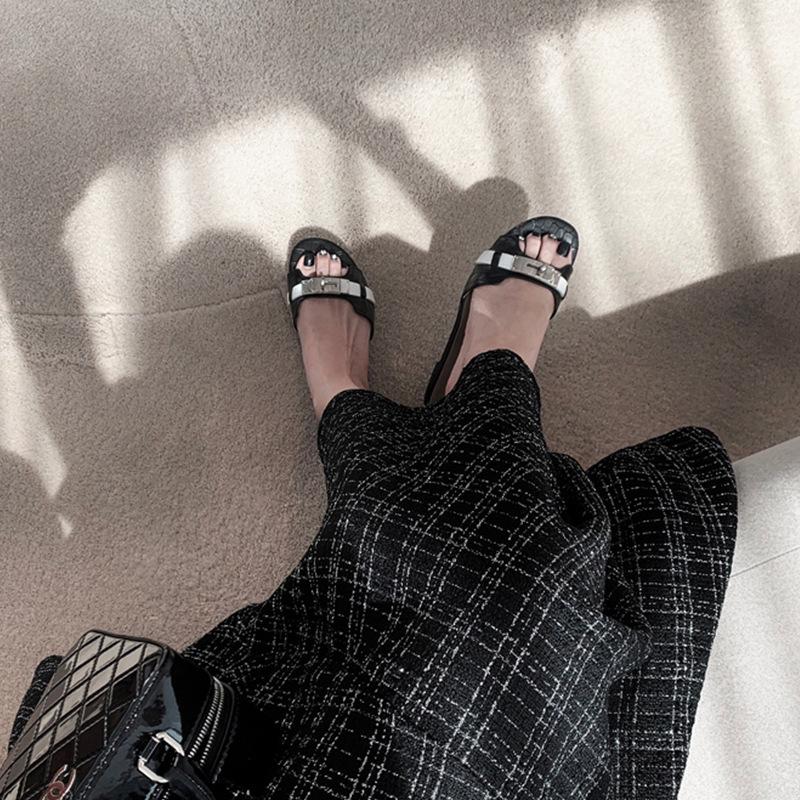 Leather Version~ Small Gold Buckle Crocodile Pattern French One-word Slippers, Pregnant Women Wear Sandals with Soft Bottom Beach Half Slippers