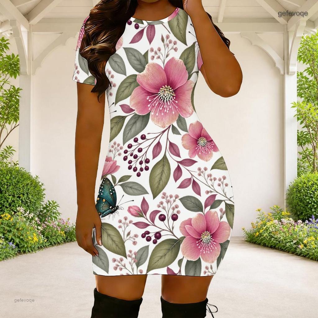 Women Plus Size Round Neck Short Sleeve Butterfly Floral Bow Print Fitted Mini Dress