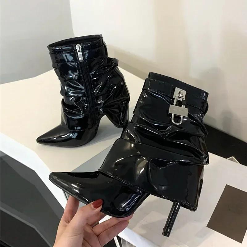 Luxury Pointed Toe Metal Lock Decoration Women's Boots Fashion Pleated Patent Leather High Heels Zip Chelsea Boots for Women