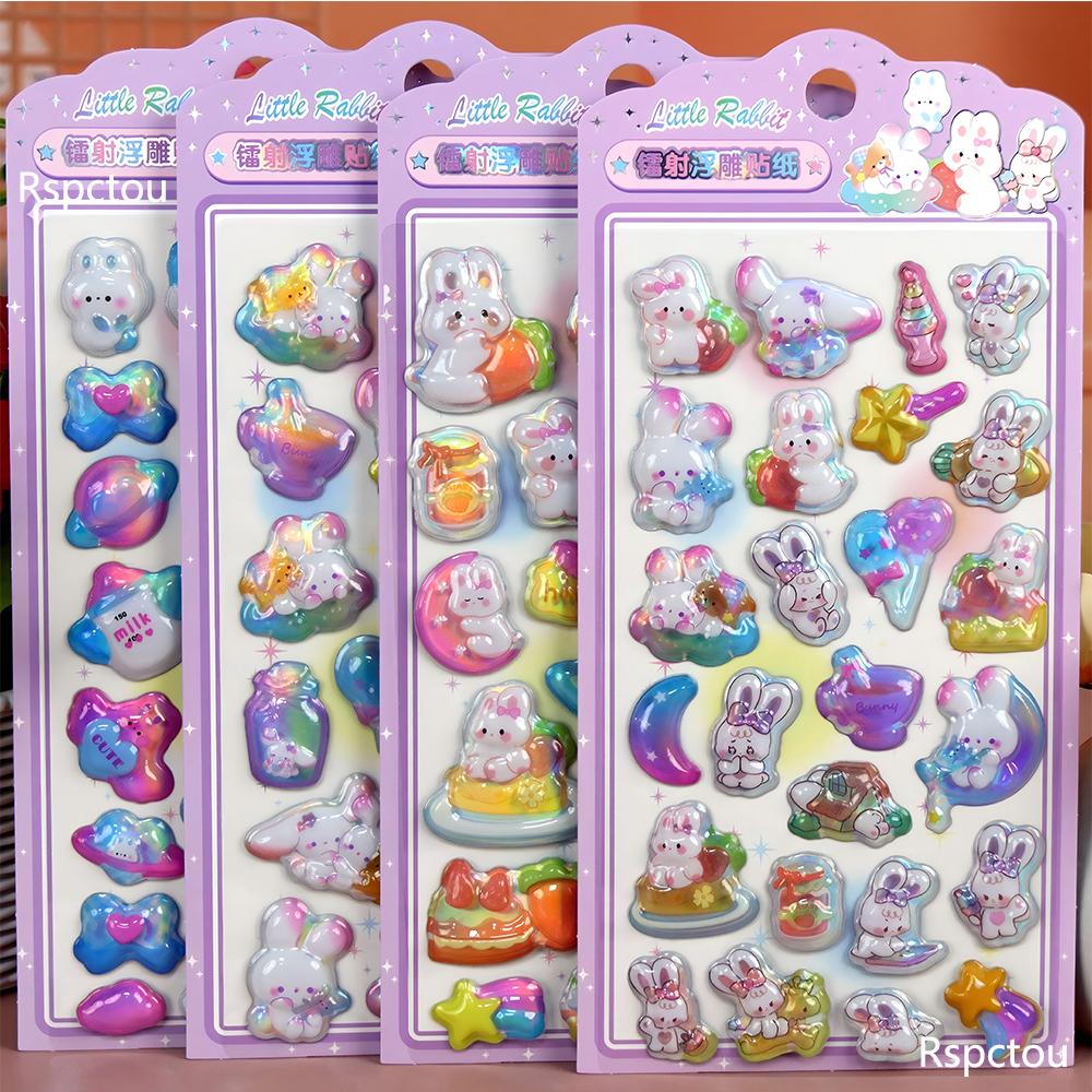 

4pcs Kawaii Anime Little Rabbit Relief Stickers Cute Cartoon 3D Puffy Decals Fridge Guitar Diary Phone Waterproof Sticker Decor