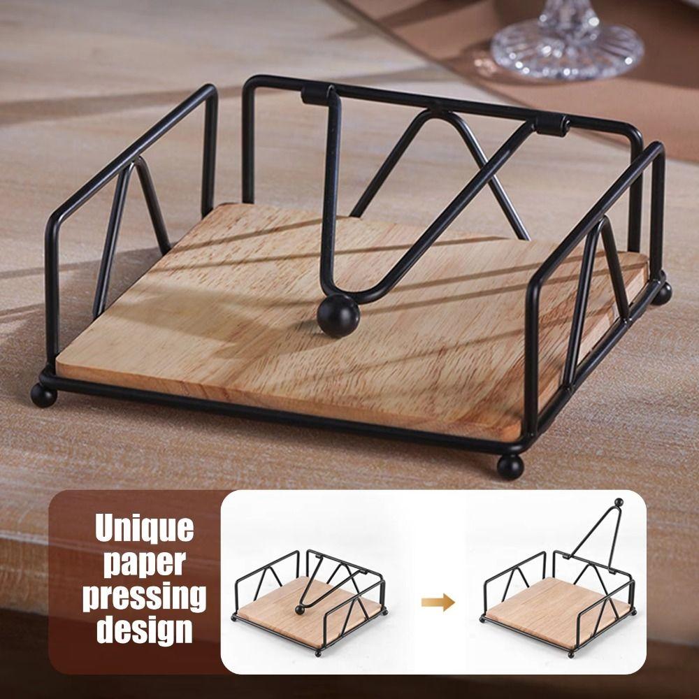 Wooden Base Flat Napkin Holder Metal Serviette Holder Reusable Tissue Organizer  Restaurant