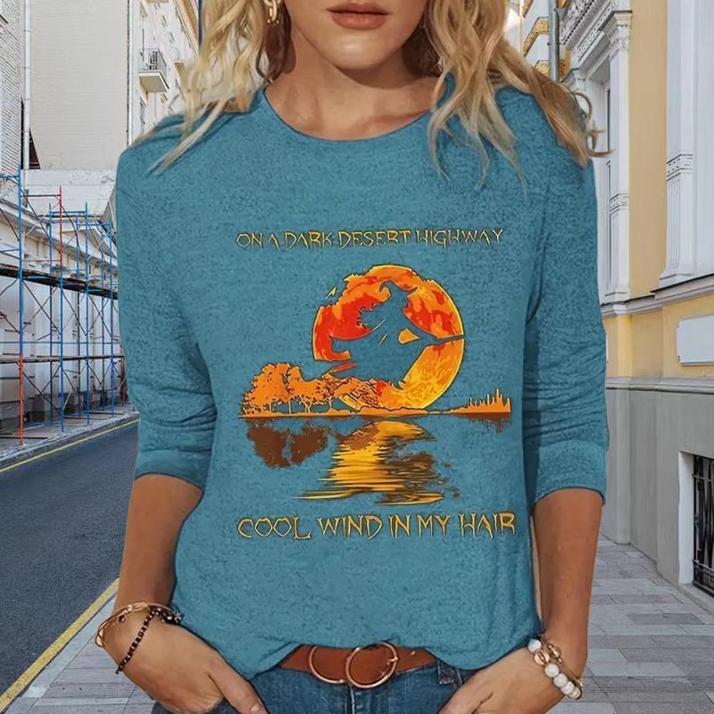 Tops For Women Landscape Tree Print Round Neck Long Sleeve T-shirt Fall Casual Slim Pullover Women's Long Sleeve Top