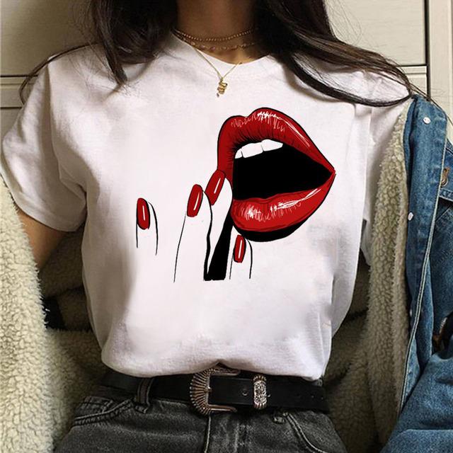 Fruit And Lips Print T Shirt New Fashion Women T Shirt Harajuku Tops Female Graphic Tee Ladies Cute Tee Shirt White Woman T-Shi
