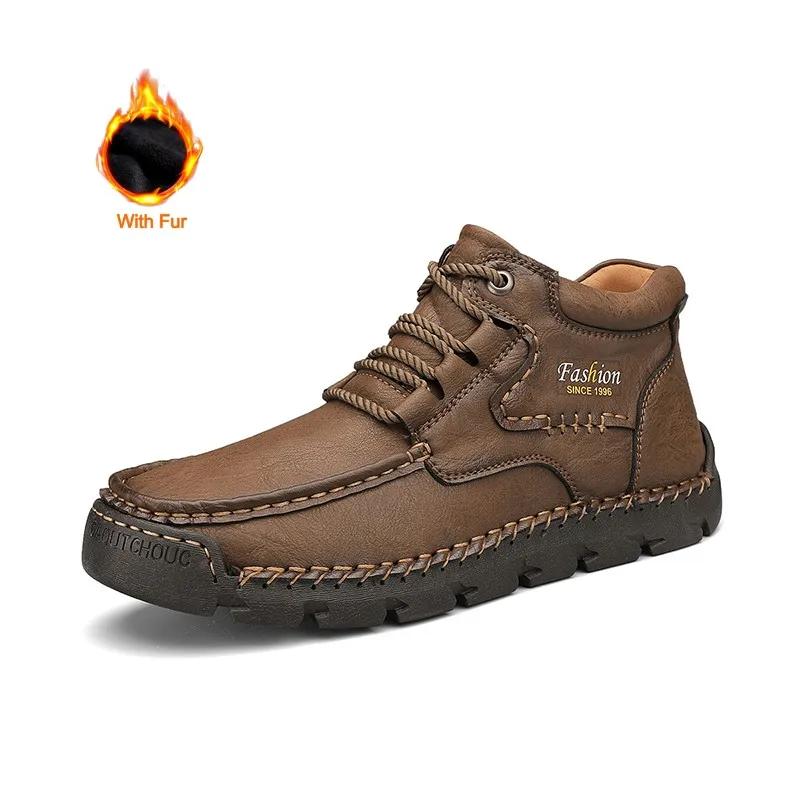 New Mens Ankle Boots High Quality Leather Warm Boots Comfortable Retro Outdoor Boots Lace Up Hiking Sneakers Men Casual Shoes