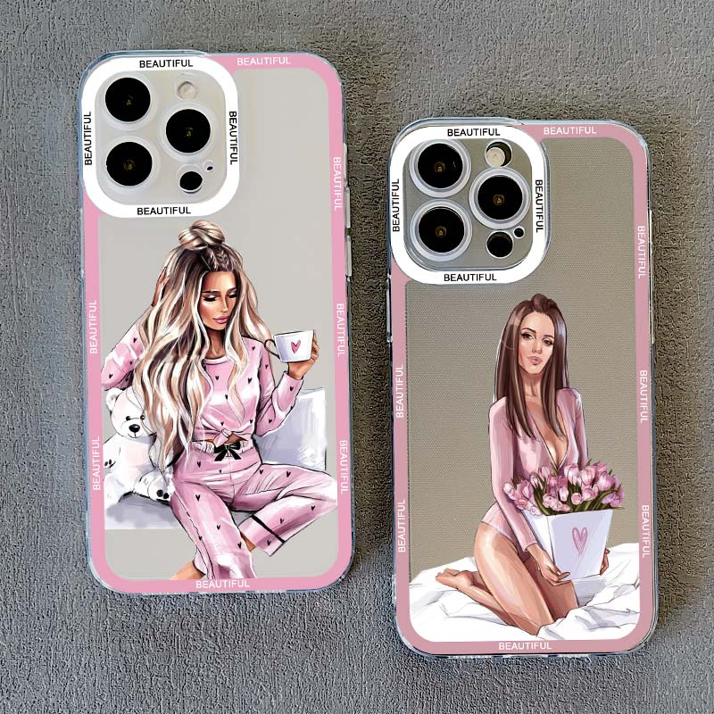 Pretty Girl Clear Phone Case For iPhone 11 12 13 Pro Max 15 14 Pro Max Plus X XS XR 7 8 Plus SE 2020 Transparent Back Cover Capa