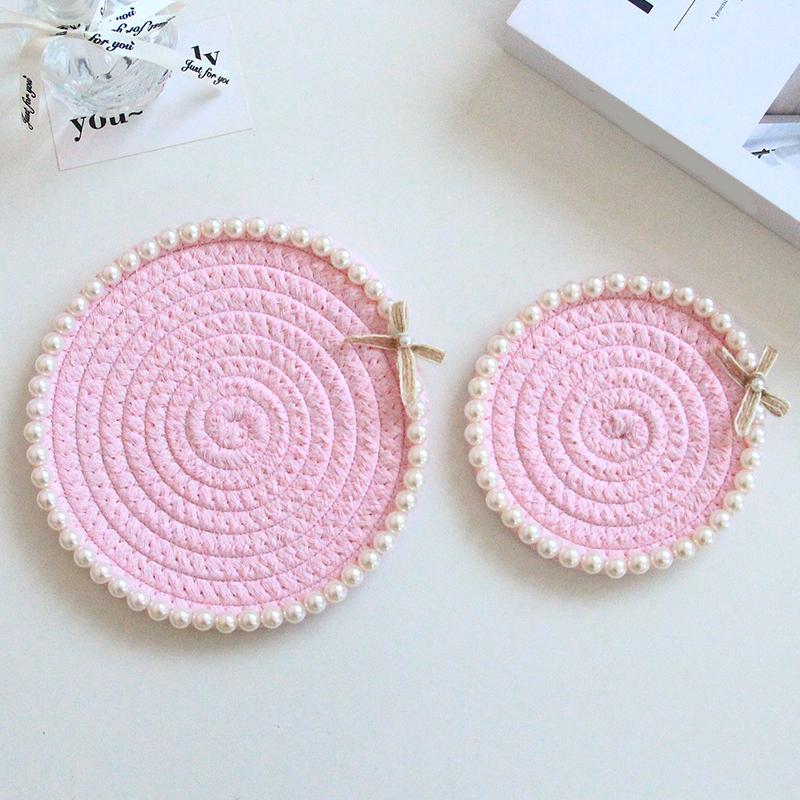 12cm*12cm Bowknot Chic Multiple Colors Ornament Pearl Handmade Cotton Rope Creative Coffee Cup Pad Home Table Decor Accessories