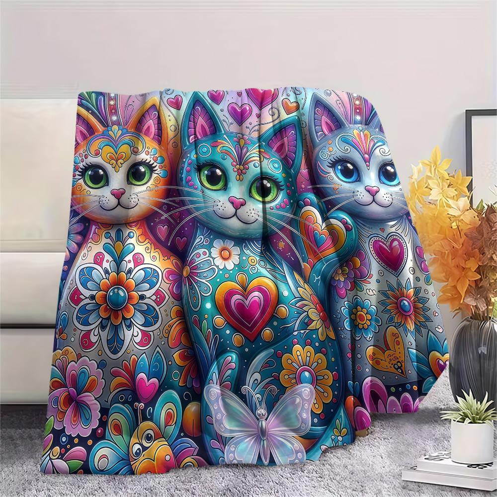 1PC Cat Styles Print FlAannel Blanket, High quality Comfortable for All Seasons, Home Decor, Warmth and Comfort