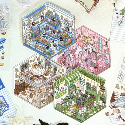 4 Sets DIY 3D House Stickers Reusable Korean Stickers Miniature Scene