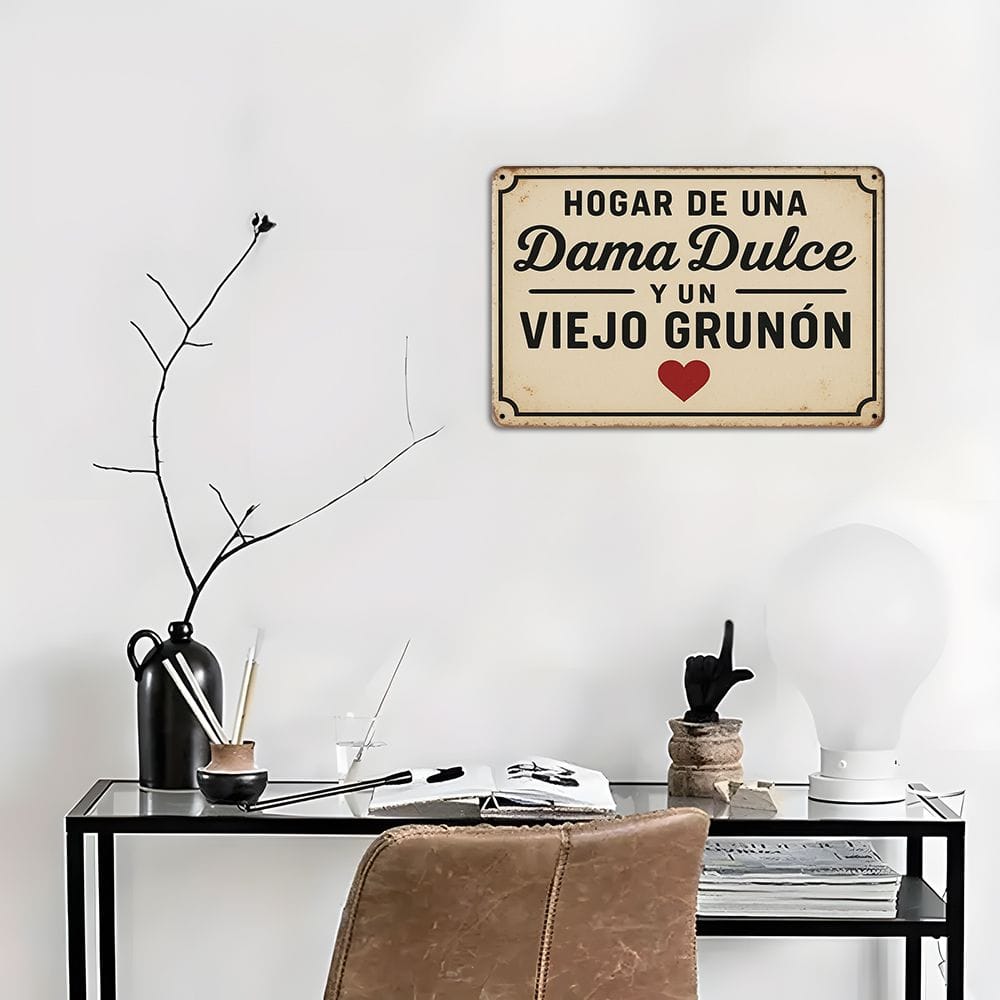 Vintage Spanish Metal Sign "Hogar De Una Dama Y De Un Grunon," 8x12 Inch, Distressed Finish.