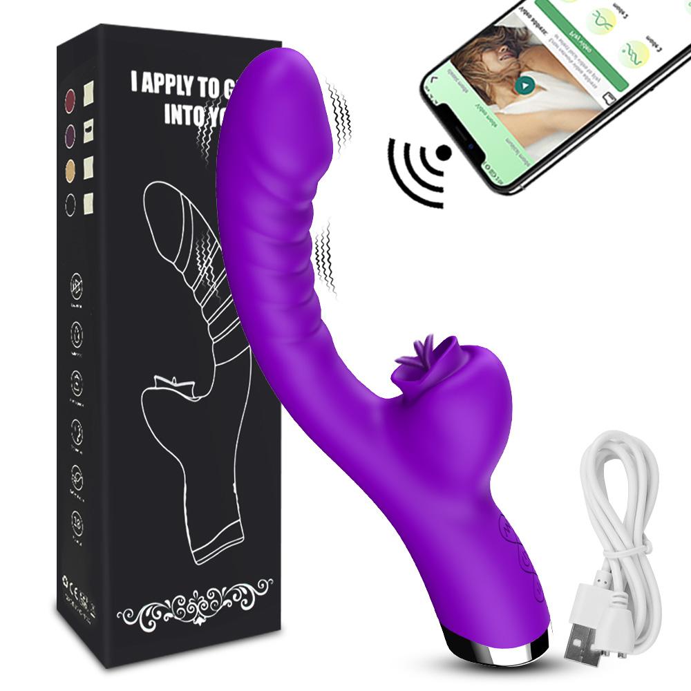 2-i-1 Kvinner App Tunge slikker Vibrator Klitoralmassasje G-Punkt Orgasme Kraftig vibrerende Dildo Stimulator Kvinnelige Voksen Sexleketøy