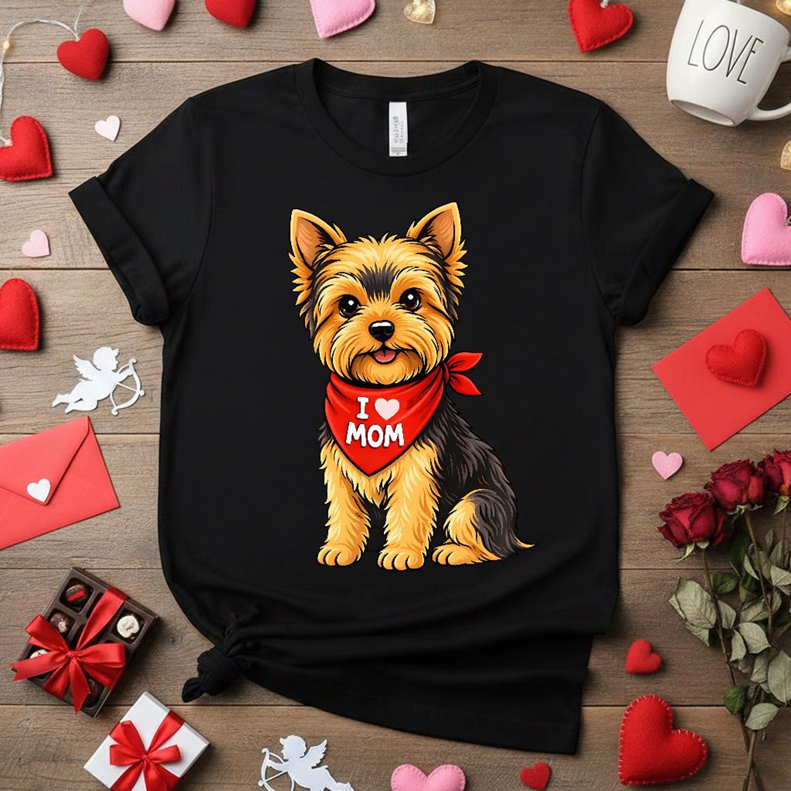 Funny Yorkie Mom Shirt, Yorkshire Terrier T-Shirt for Women, I Love Mom Dog Bandana Graphic Tee, Yorkie Lover Gift, Cute Dog Mom Birthday S