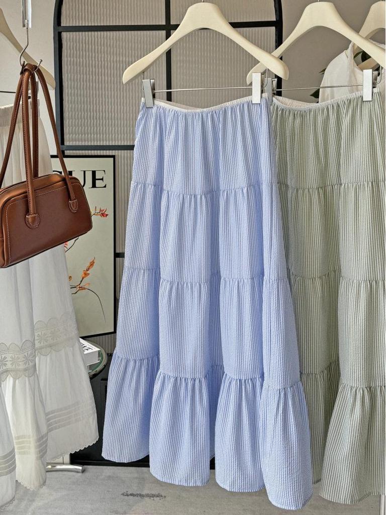 Korean-Style Sweet High-Waisted Ribbed A-Line Midi Skirt, Women's Spring/Summer New Arrival, Slimming Versatile Umbrella Design, Big Hem Skirt