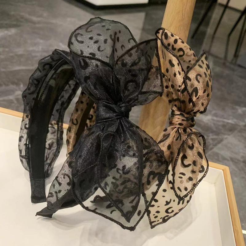 Vintage Leopard Print Hairband For Women Girls Fashion Handmade Wide-Rimmed Bow Hair Hoop Mesh Hair Bow Headband Hair Accessory