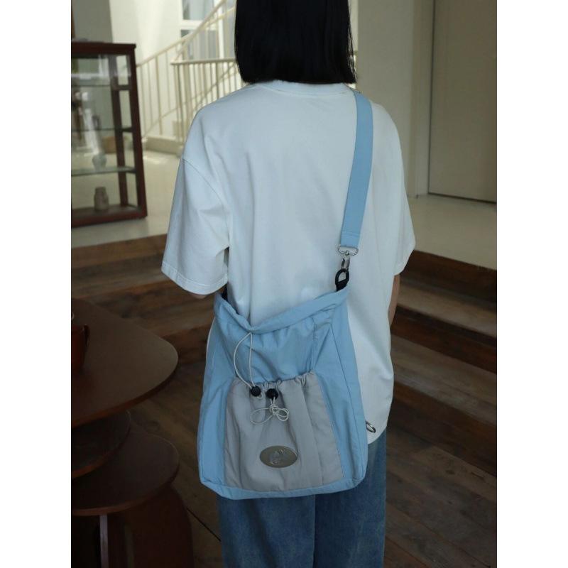 Niche Blue-gray Drawstring Backpack Bag for Women 2025 New College Students Going Out Backpack Large-capacity Oblique Span Schoolbag