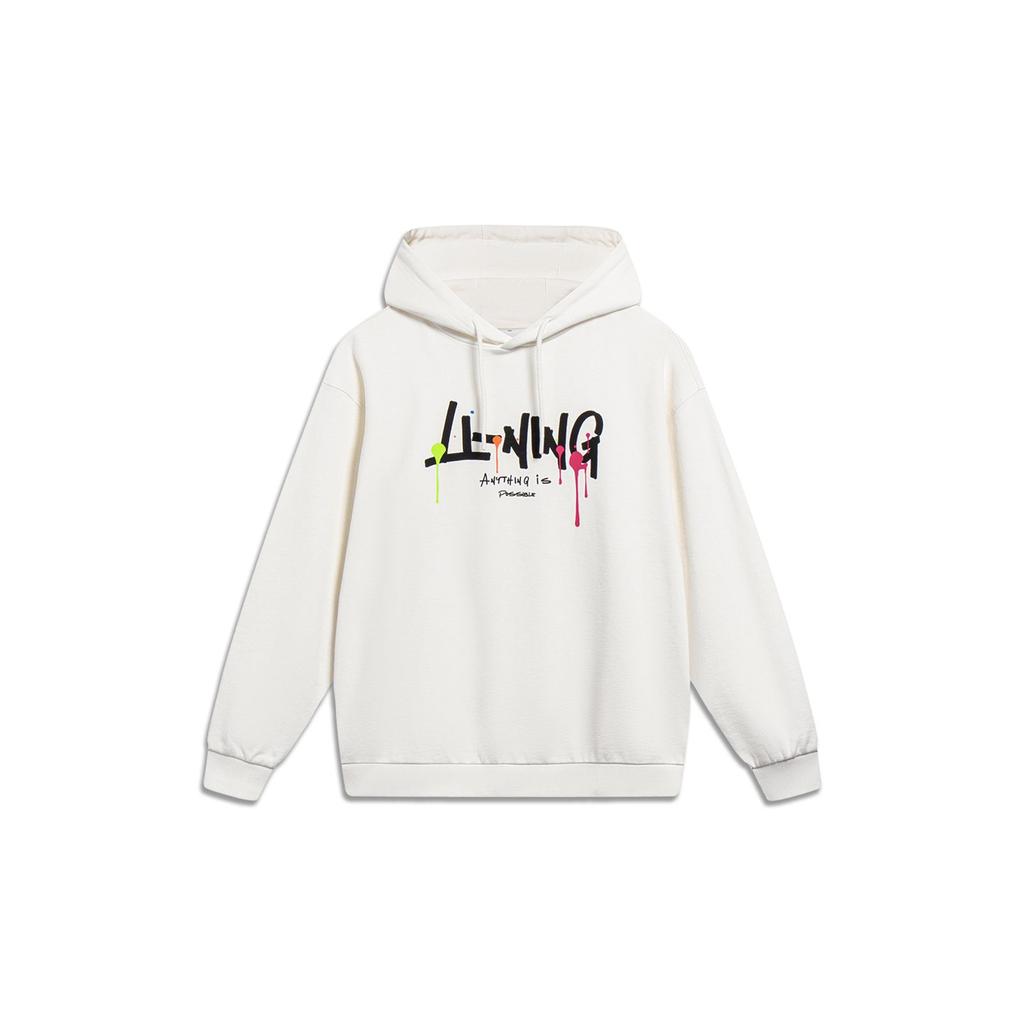 Li-Ning Sports Fashion Series Letter Print Casual Pullover Hoodie Unisex Tops Milk-White AWDT559-1