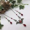 Retro Goth Red Crystal Bead Tassel Sliver Color Vampire Bat Pendant Choker Necklace Earrings Set for Men Women Hallowmas Jewelry