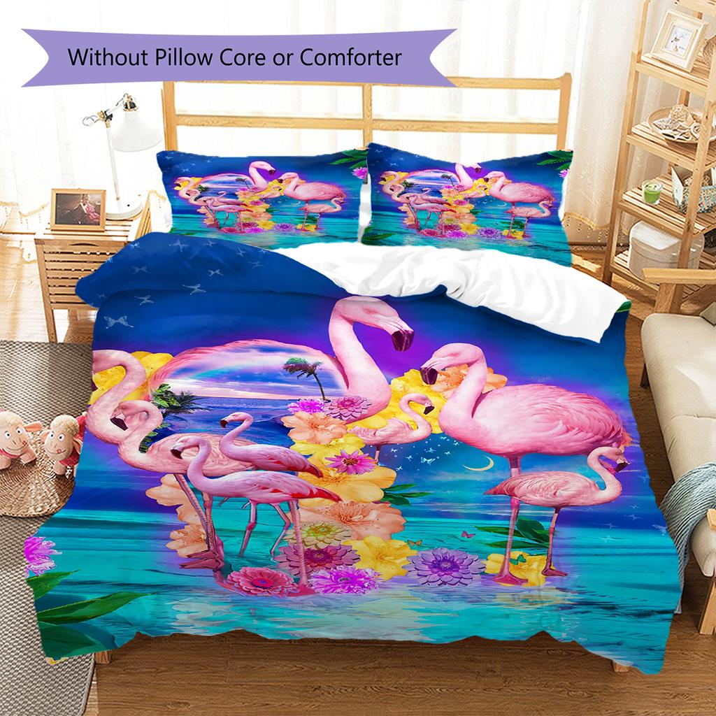 Flamingo Pattern Bedding Quilt Set Quilt Cover Pillowcase Home Decoration Birthday Gift (1 * Duvet Cover + 2 * Pillowcase, Without Core)