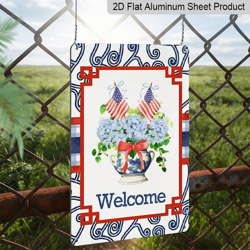 2D Flat, 1pc Patriotic "Welcome" Hydrangea Aluminium Sign - 8"x12" Rustic Red White Blue Decor, USA Flag & Floral Porch Art, Perfect for Independence
