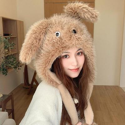 Fluffy Thickened Plush Hat With Moving Puppy Ears Women Warm Thick Plush Winter Hat Ear Protector