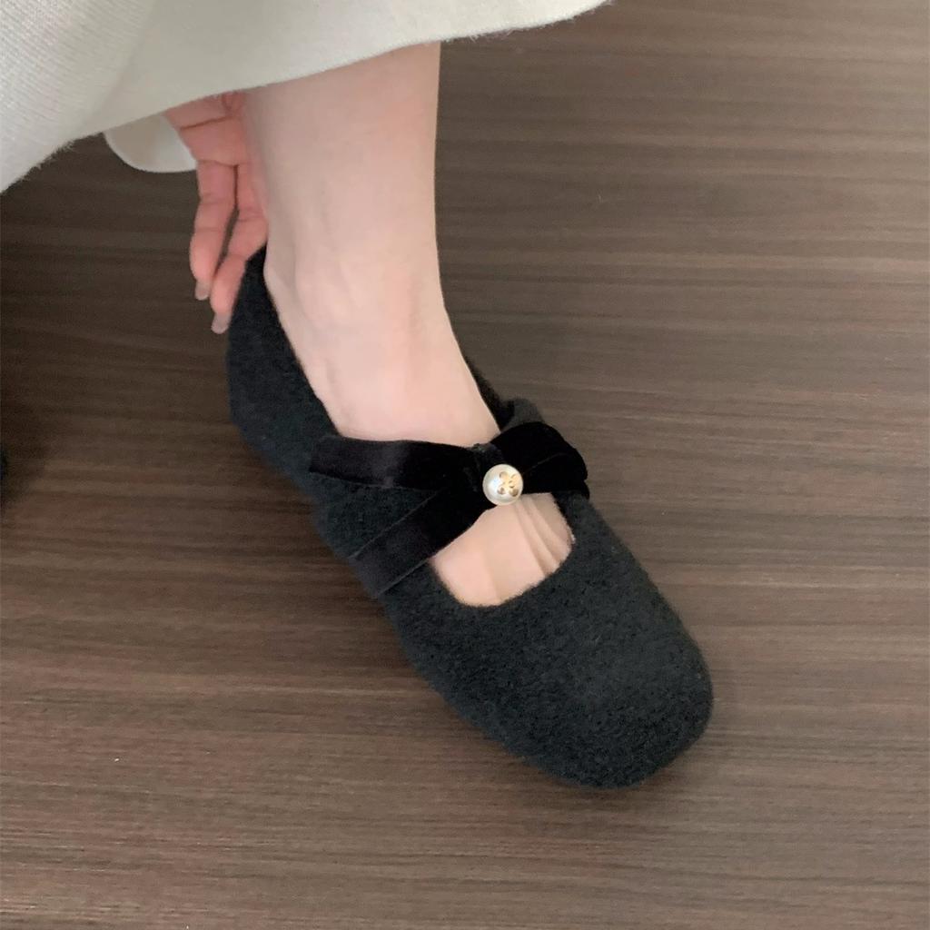 Inner Height Increase Pink Mary Jane Fluffy Shoes Women's Shoes 2024 Autumn and Winter Warm Cotton Shoes Bow Pearl Single Shoes