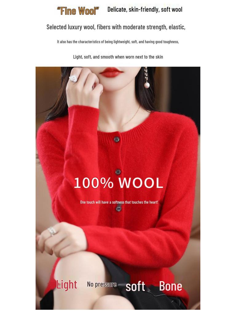 Premium Women's 100% Wool Knitted Cardigan - Slim Fit, Round Neck, Seamless Design for Autumn & Winter