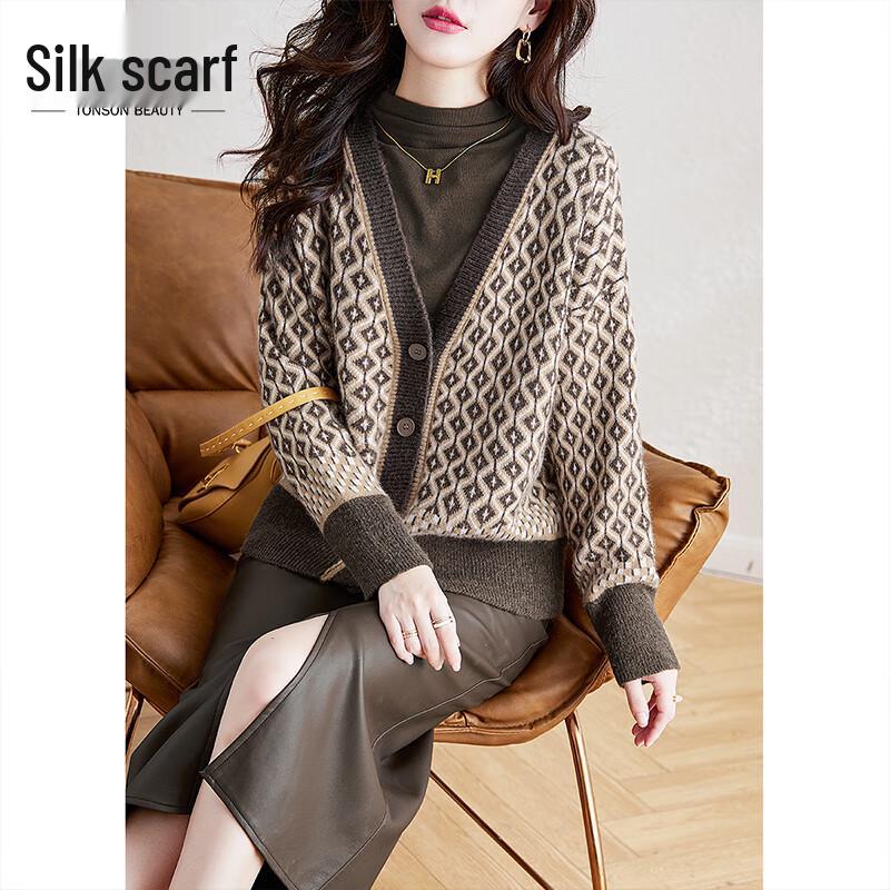 

Women s Vintage Plaid V-Neck Knit Cardigan One Size