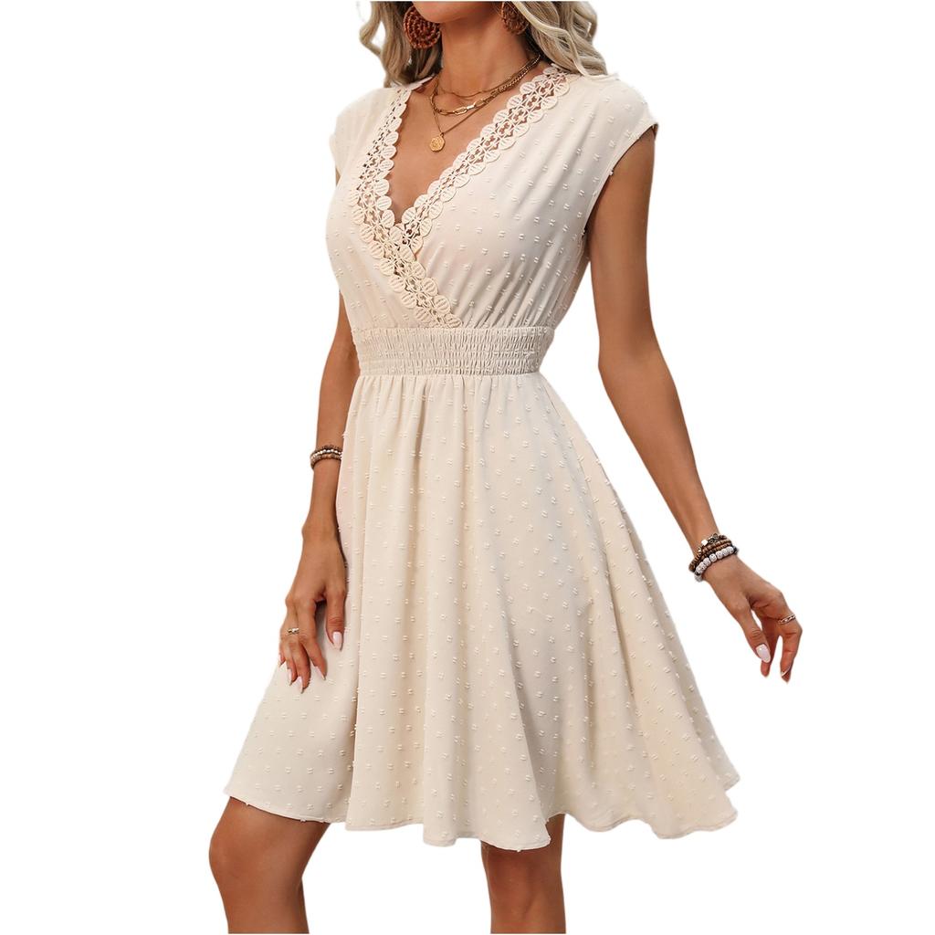 French Holiday  Lace Hollow V-neck Dress With Cut Flowers And Small Swing A-line Skirt