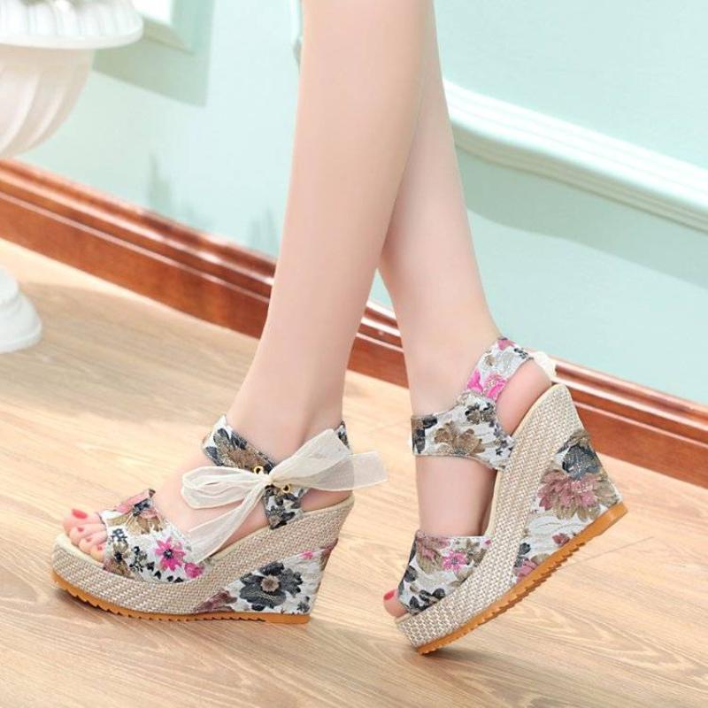 Ladies Shoes Wedge with Platform Waterproof Bow Super-high Heel Wedges Women's Sandals Print on Sale Casual Vip Quality Designer