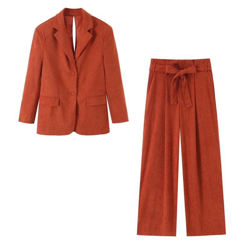 Womens Corduroy Blazer Pants Set Office Commute Style Elegant Loose Fit Long Sleeve Fall Season