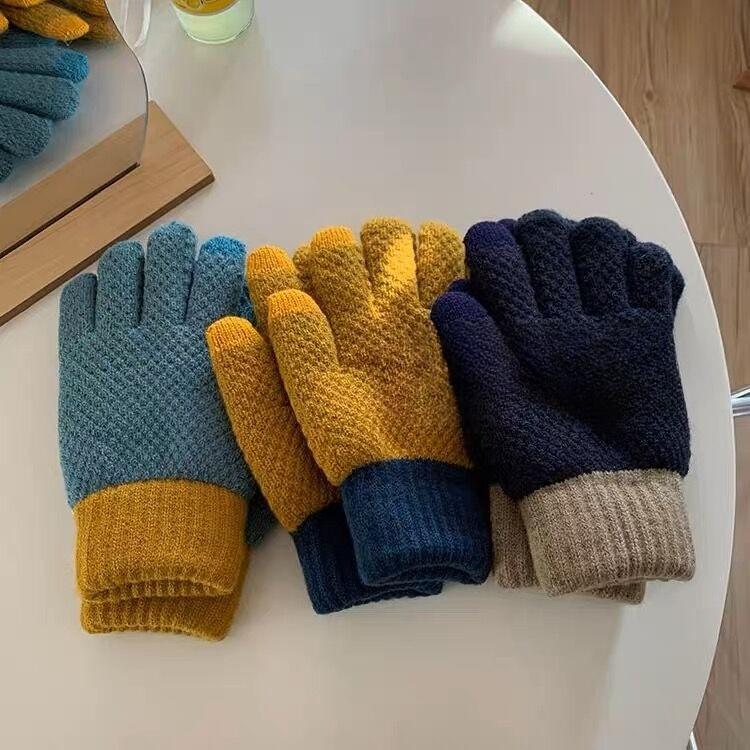 Winter Women's Cute Woolen Knitted Plus Velvet Contrasting Color Five Finger Cycling Warm and Thickened Windproof and Cold Proof Cycling Men's