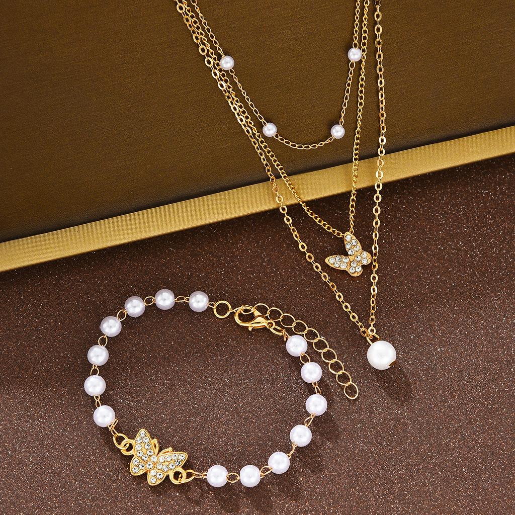 New 2Pcs Pearl Zircon Butterfly Bracelet Necklace for Women Fashion Elegant Gold White Color Bracelet Necklace Set Party Jewelry