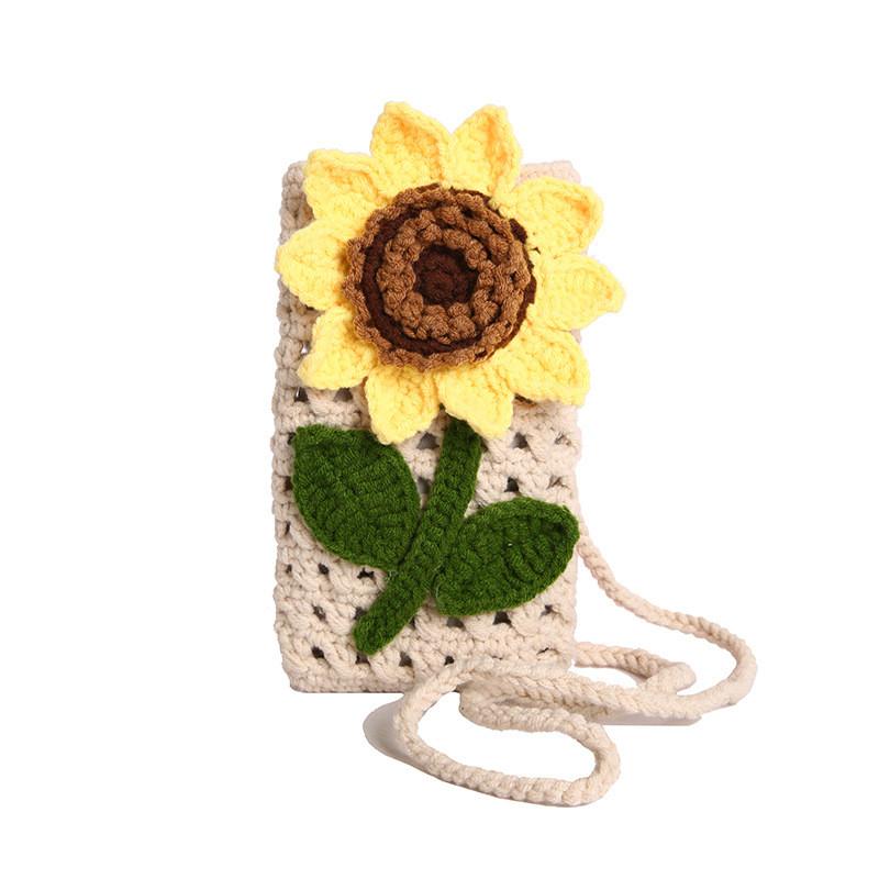 Sunflower Phone Bag Handmade Knitted Cotton Crossbody With Flower Design For Casual Wear