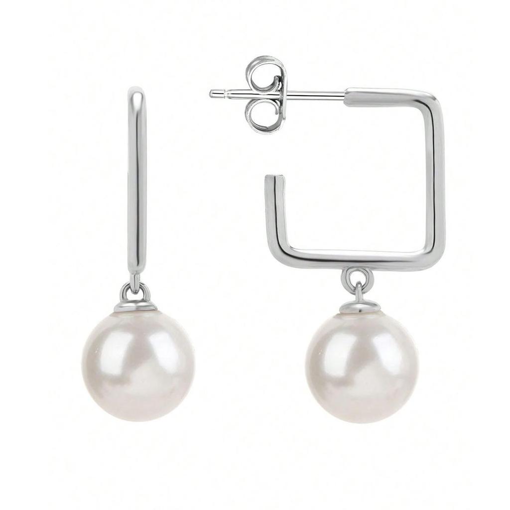 Korean Style Elegant Sterling Silver Pearl Geometric Dangle Earrings