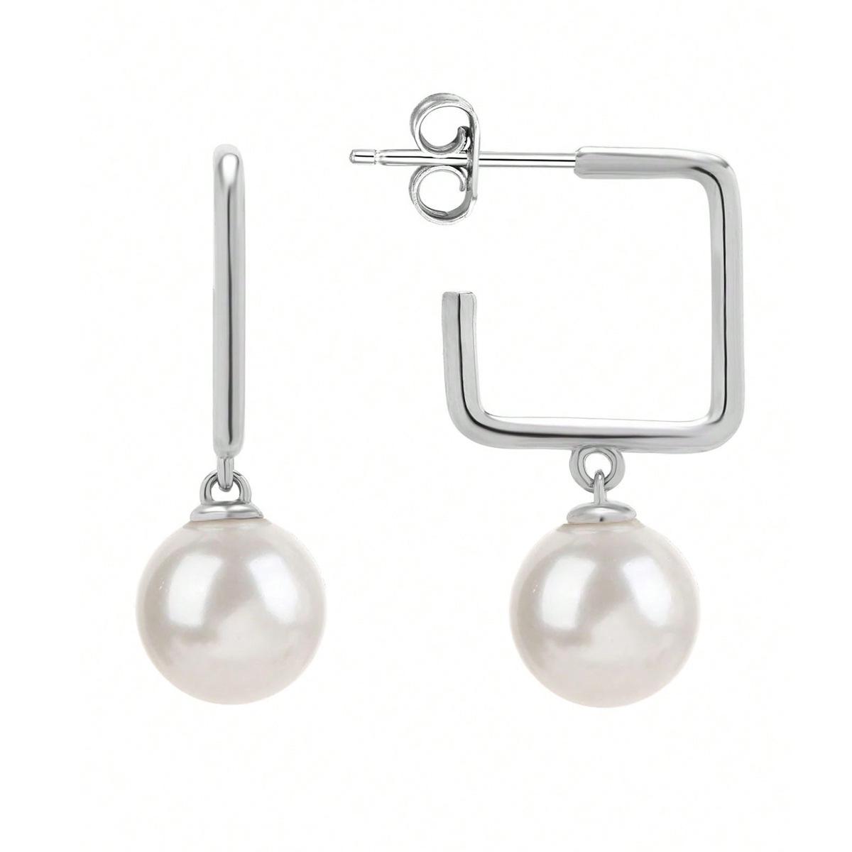 

Korean Style Elegant Sterling Silver Pearl Geometric Dangle Earrings