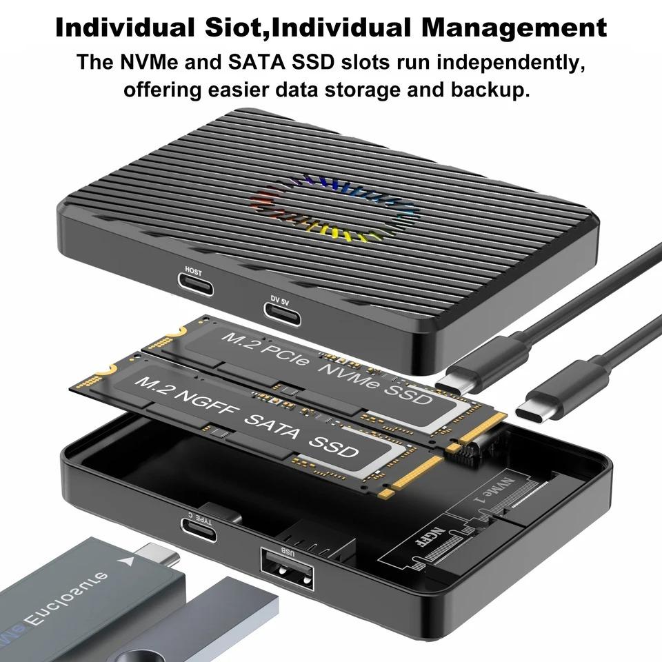 Dual Bays M2 NVME SATA SSD Enclouse 10Gbps Dual Protocol M.2 NVMe SATA SSD Case USB3.2 Solid State Docking Station M.2 Hard Disk Box Adapter for PC