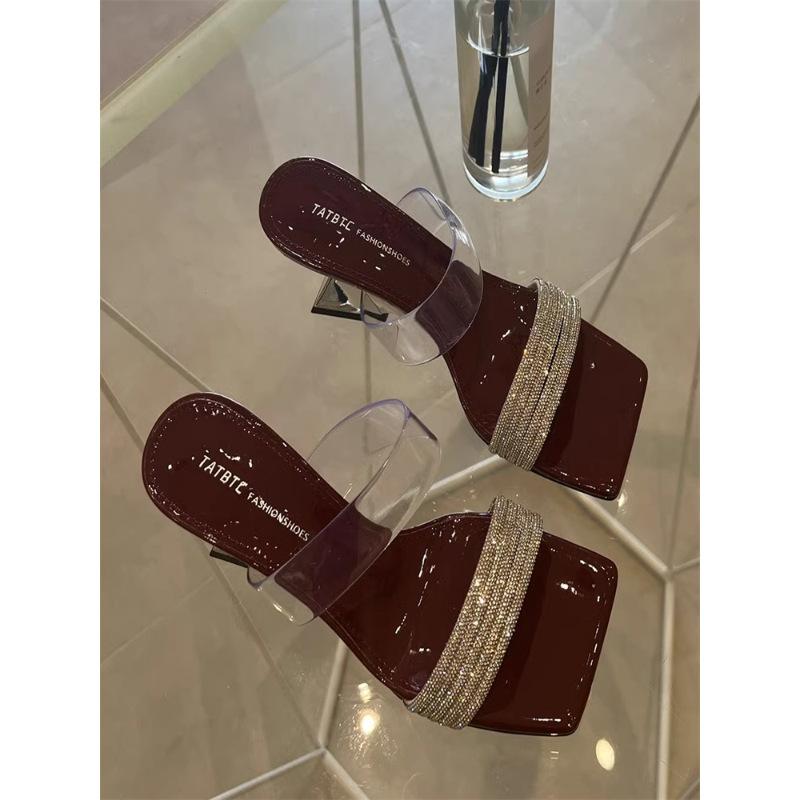 

2025 summer new open-toed slippers women s outer wear temperament square head rhinestone word with thick heel sandals high heels 40