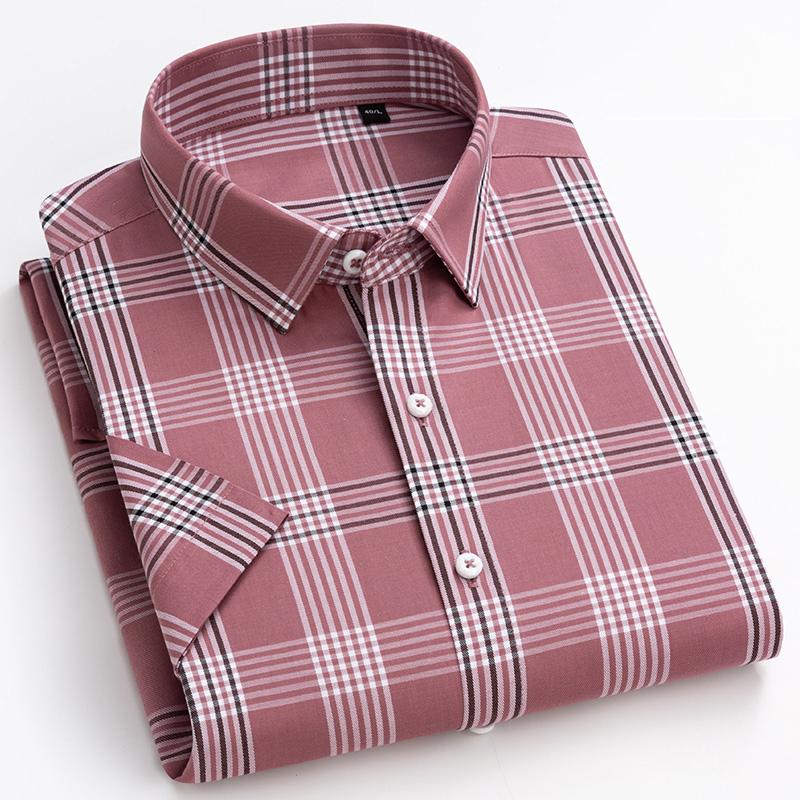 Men's Fashion Plaid Checkered Short Sleeve 100% Cotton Shirt Button-collar Holiday Youthful Striped Summer Casual Gingham Shirts